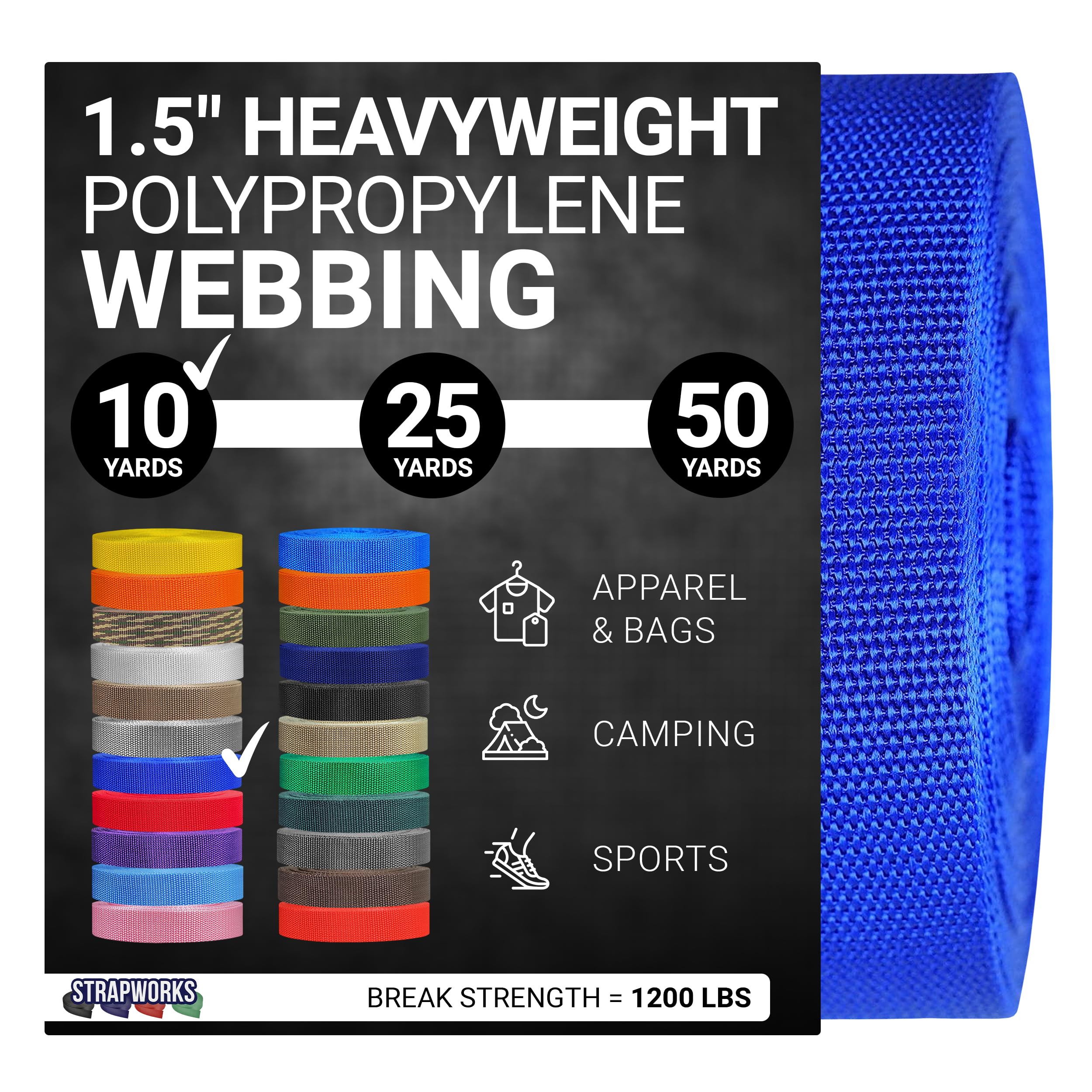 Strapworks Heavyweight Polypropylene Webbing - Heavy Duty Poly Strapping for Outdoor DIY Gear Repair, 1.5 Inch x 10 Yards, Royal Blue