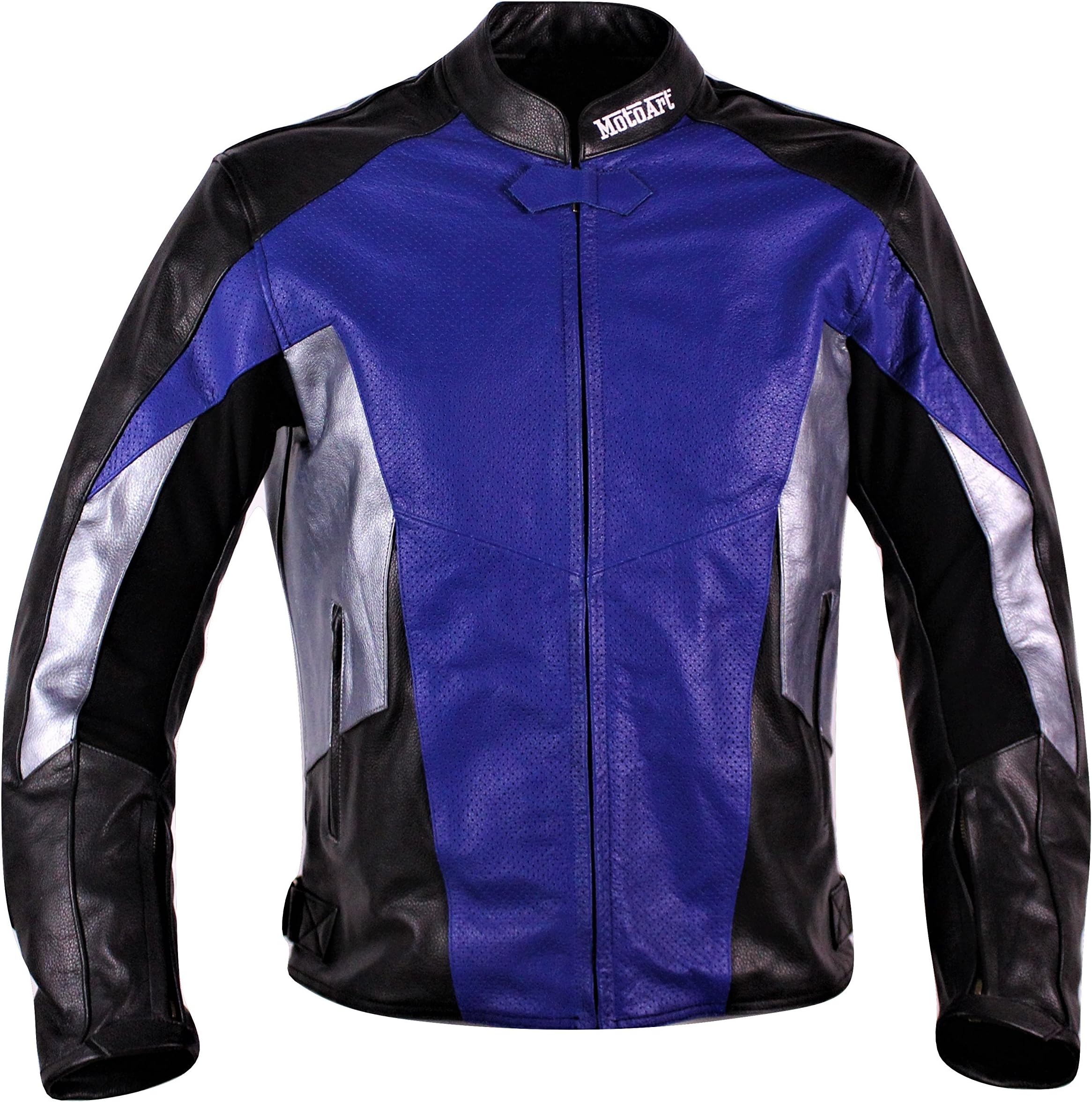 MotoArt Racing Pro Series I Blue, Silver & Black Perforated Biker Motorcycle Leather Jacket