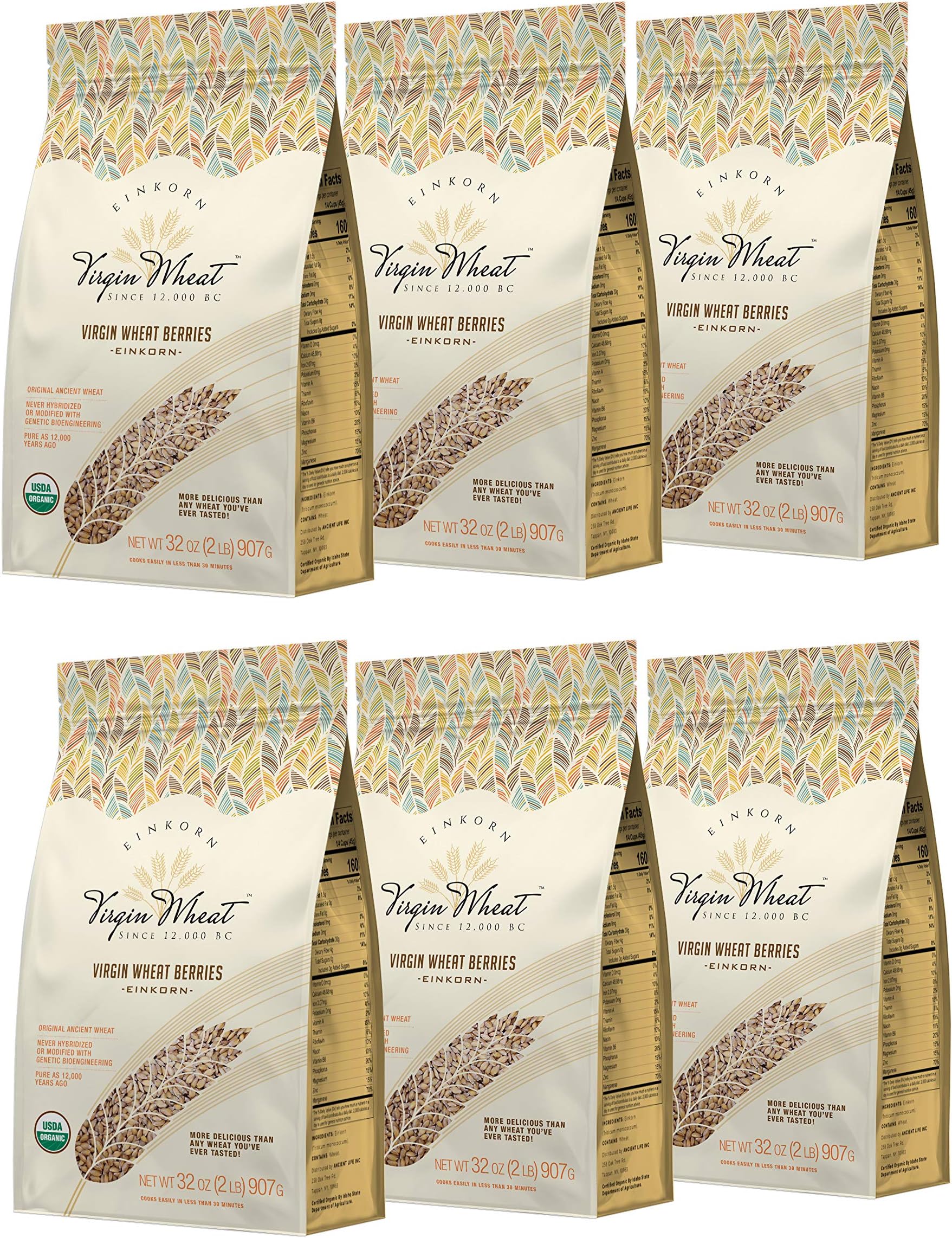 6 PACK X 32 oz(2lbs) Total: 12 lb | Ancient Einkorn Wheat Berries Unchanged For 14,000 Years Great For Gluten Issues & Easy As Rice To Cook | Organic Einkorn Whole Wheat Berries – 2LB X 6=12 lbs