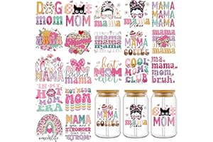 EOBECY UV DTF Cup Wrap Transfer Stickers: 20 Pcs Mama UV DTF Cup Wraps for 16 oz Glass Water Bottle, Funny Leopard Flower Uvdtf Sticker, Rub on Transfers Waterproof, DIY Craft Gifts for Mom Mother's Day