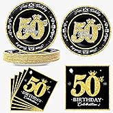 algpty 60 Pcs 50th Birthday Decorations Black and Gold, Service for 30, Vintage Plates and Napkins Includes Vintage 50th Dessert Plates, Napkins, 50th Birthday Party Supplies Men Women