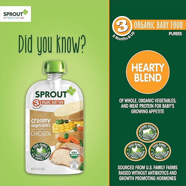 SPROUT ORGANIC BABY FOOD POUCHES STAGE 3, CREAMY VEGETABLES W/ CHICKEN, 4 POUCHES (PACK OF 6) CREAMY VEGETABLES WITH CHICKEN 24 OUNCE