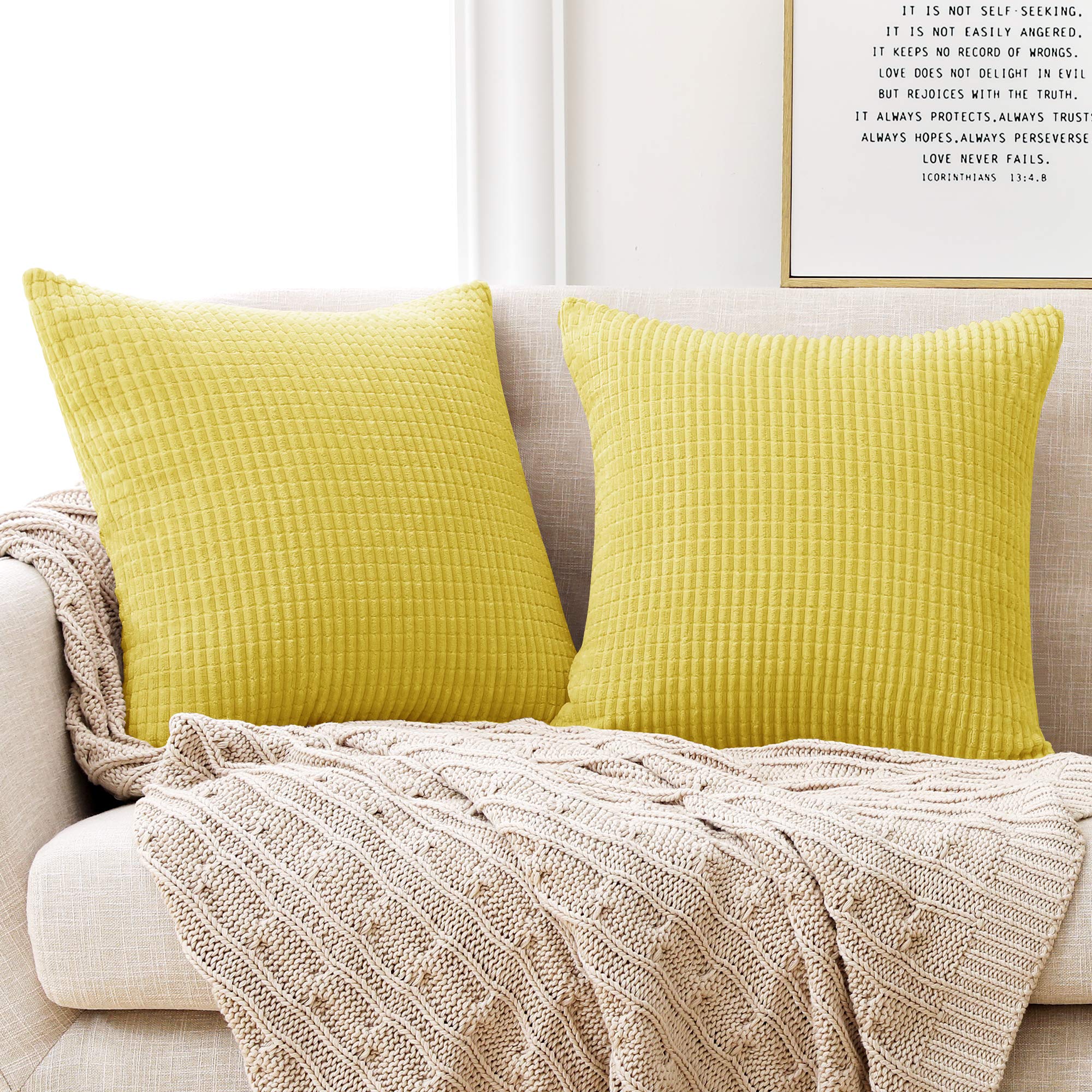 Deconovo Set of 2 Super Soft Large Corduroy Cushion Covers 55cmx55cm 22x22 Inches Grid Throw Pillowcases Square Pillow Casess Cushion Protectors Cushion Covers for Sofa Lemon Yellow 2 Pieces