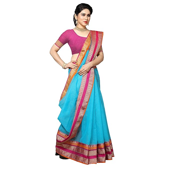 Textile Temple Border Kota Doria Cotton Manipuri Saree with unstitched blouse piece