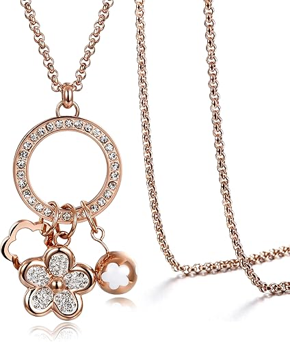Amazon Ciunofor ロングネックレス ラリエット レディース シンプル チェーン 人気 おしゃれ 桜の花 ペンダント クリスタル ステンレス ゴールド ピンクゴールド 75cm ピンクゴールド ギフト包装 ラリエット 通販