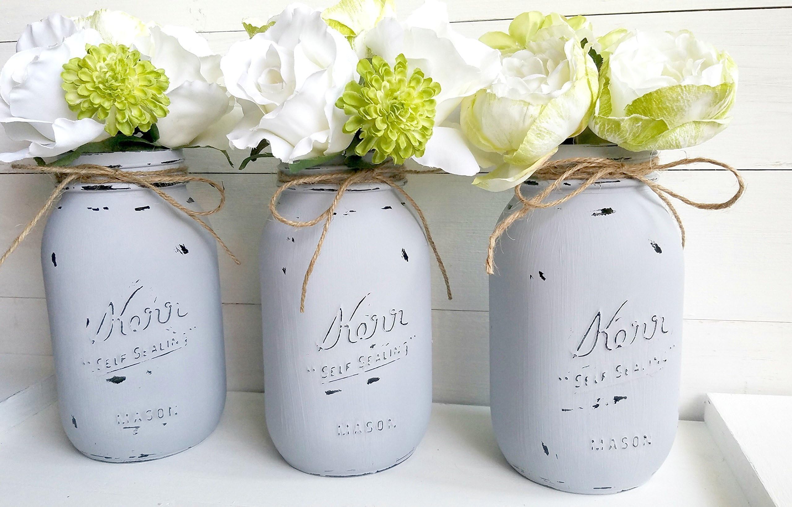 Set of 3 - Painted and Distressed Grey Mason Jars - Flower Vase - Wedding Centerpiece - Storage Jar