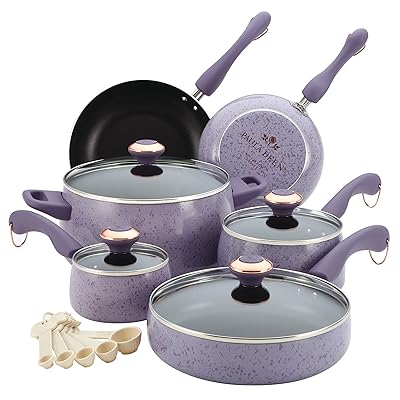 Paula Deen 13064 Signature Nonstick Cookware Pots and Pans Set, 15 Piece, Lavender Speckle