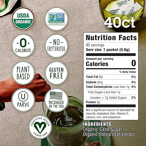 STEVIA IN THE RAW ORGANIC STEVIA SWEETENER PACKETS, 40 CT, ZERO CALORIE STEVIA SUGAR SUBSTITUTE PACKETS, NO ERYTHRITOL OR ARTIFICIAL FLAVORS, USDA ORGANIC, NON-GMO PROJECT VERIFIED, VEGAN