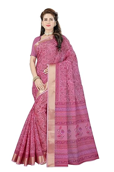 Womens Poly Cotton Blend Printed Zari Woven Saree with Blouse Piece (SKR5389; Pink)