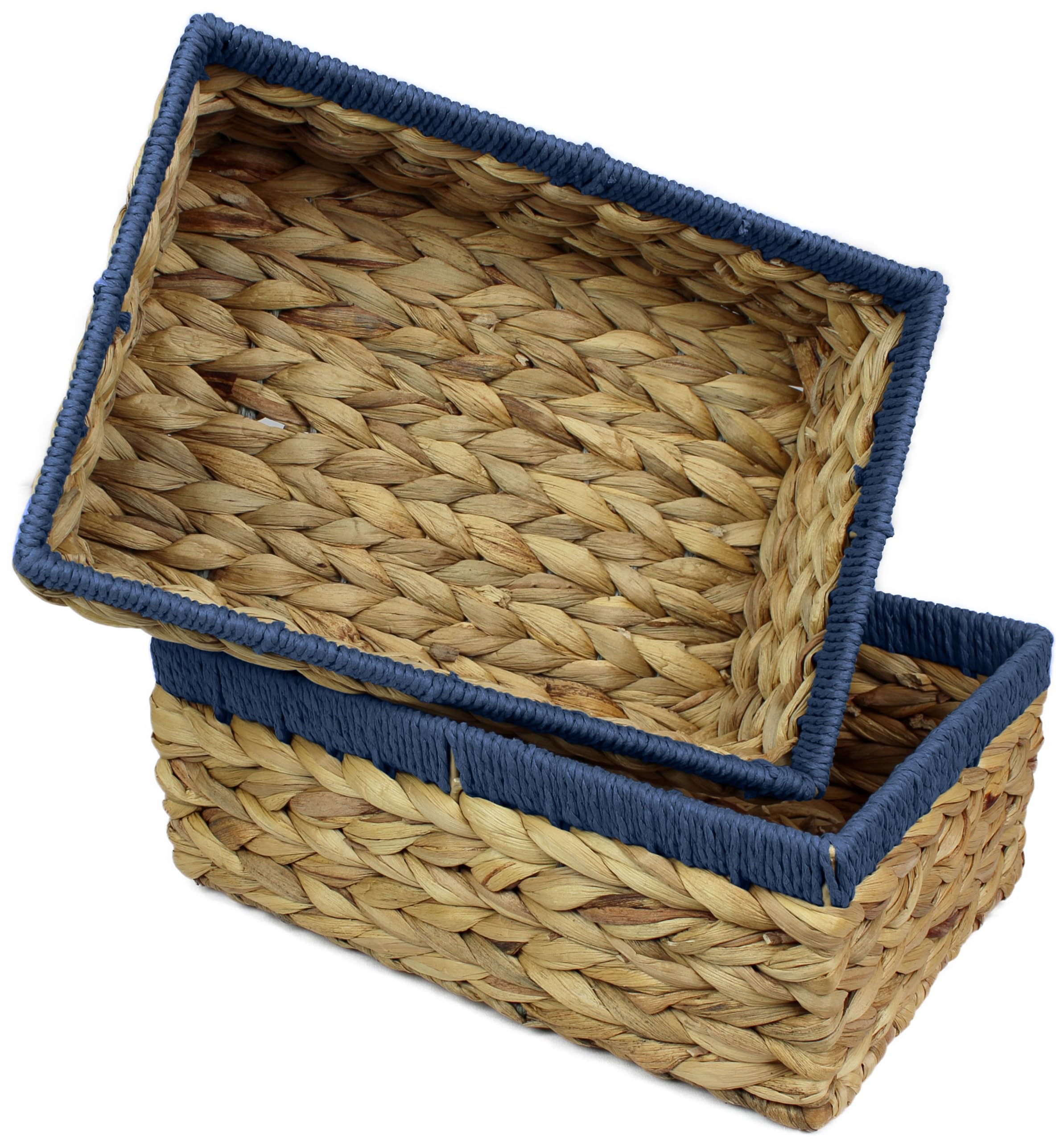 Rectangular Water Hyacinth Small baskets for storage Natural and Blue wicker basket shelves open Decorative gift box Small bathroom mini tray makeup bathroom Kitchen organiser (2, Large 32cm)