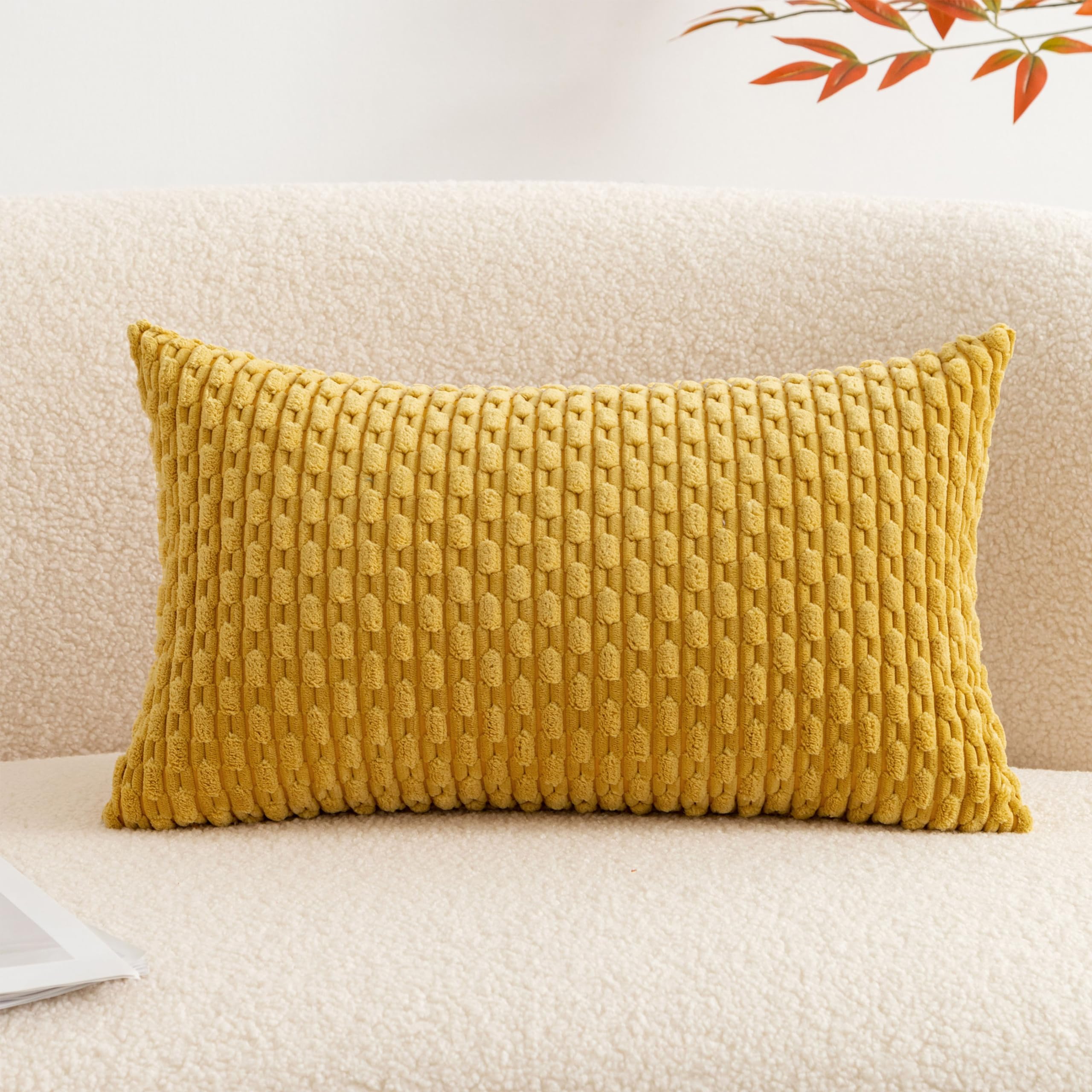 Photo 1 of UGASA Fall Soft Corduroy Decorative Pillow Cover 12x20 Inch Boho Striped Oblong Throw Pillow Cover Rectangle Lumbar Modern Home Decor for Sofa Living Room Couch Bed Mustard Yellow 1 Piece