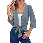 Witsmile Women's 3/4 Sleeve Cropped Cardigan Shrug V-Neck Tie Front Knot Ribbed Knit Shirt for Evening Dress & Office