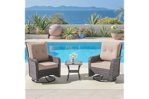 ALAULM 3 Piece Wicker Patio Chairs Outdoor Swivel Rocker Chairs with 4”Thick Cushions and High Back, Rattan Swivel Set w/Side Table for Patio, Porch, Poolside, Deck, Backyard, Garden-Sand