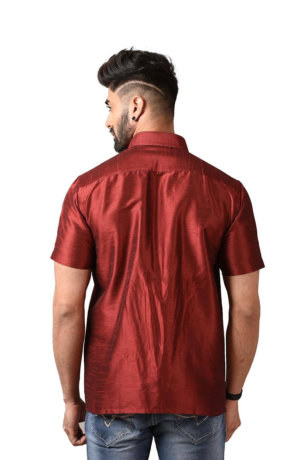 studio shringaar poly raw silk maroon mens short sleeve party shirt