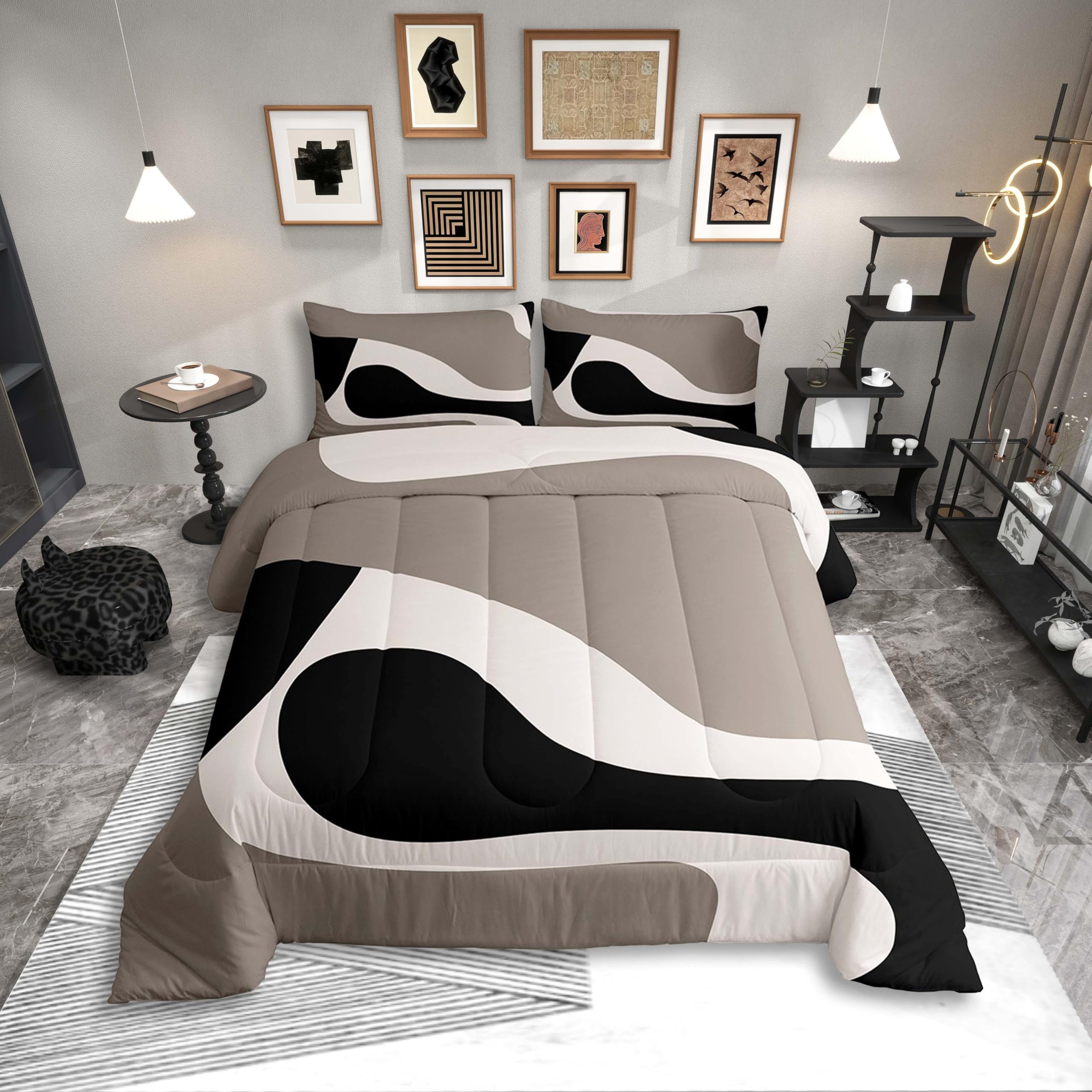 Photo 1 of Erosebridal Black Beige Striped Comforter Set Queen Size,Boho Modern Geometric Abstract Bedding for Women Men Adults,Geometry Stripes Bold Lines Quilt,Minimalist Stylish Art Bedding Comforter Sets