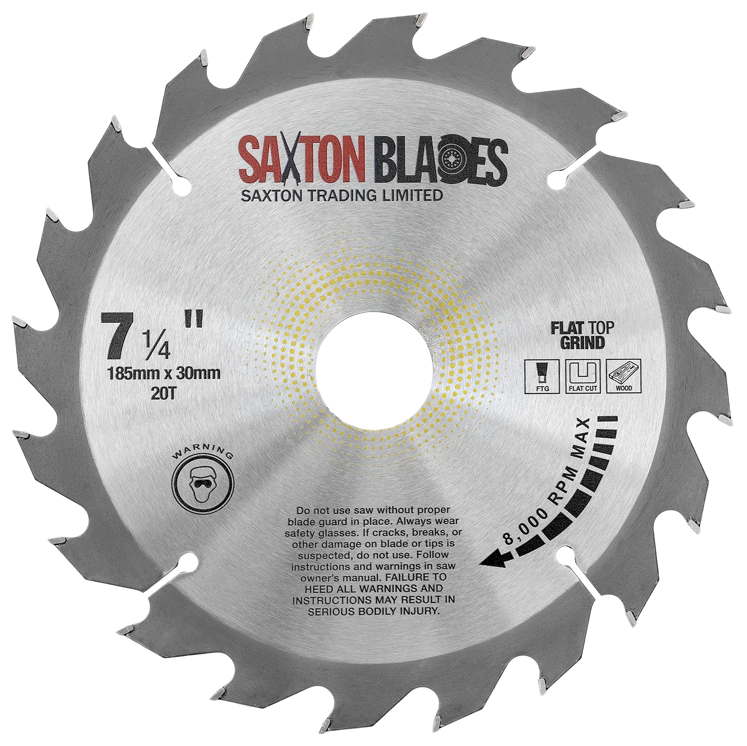 Saxton Flat Top TCT Circular Saw Blade 185mm x 20T x 30mm Bore + rings Ring fits Bosch Makita etc