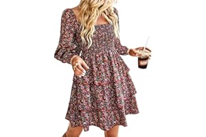 BTFBM Womens Long Sleeve Dress Vacation Square Neck Smocked Floral Swiss Dot Mini Boho Fall Wedding Guest Dresses 2025