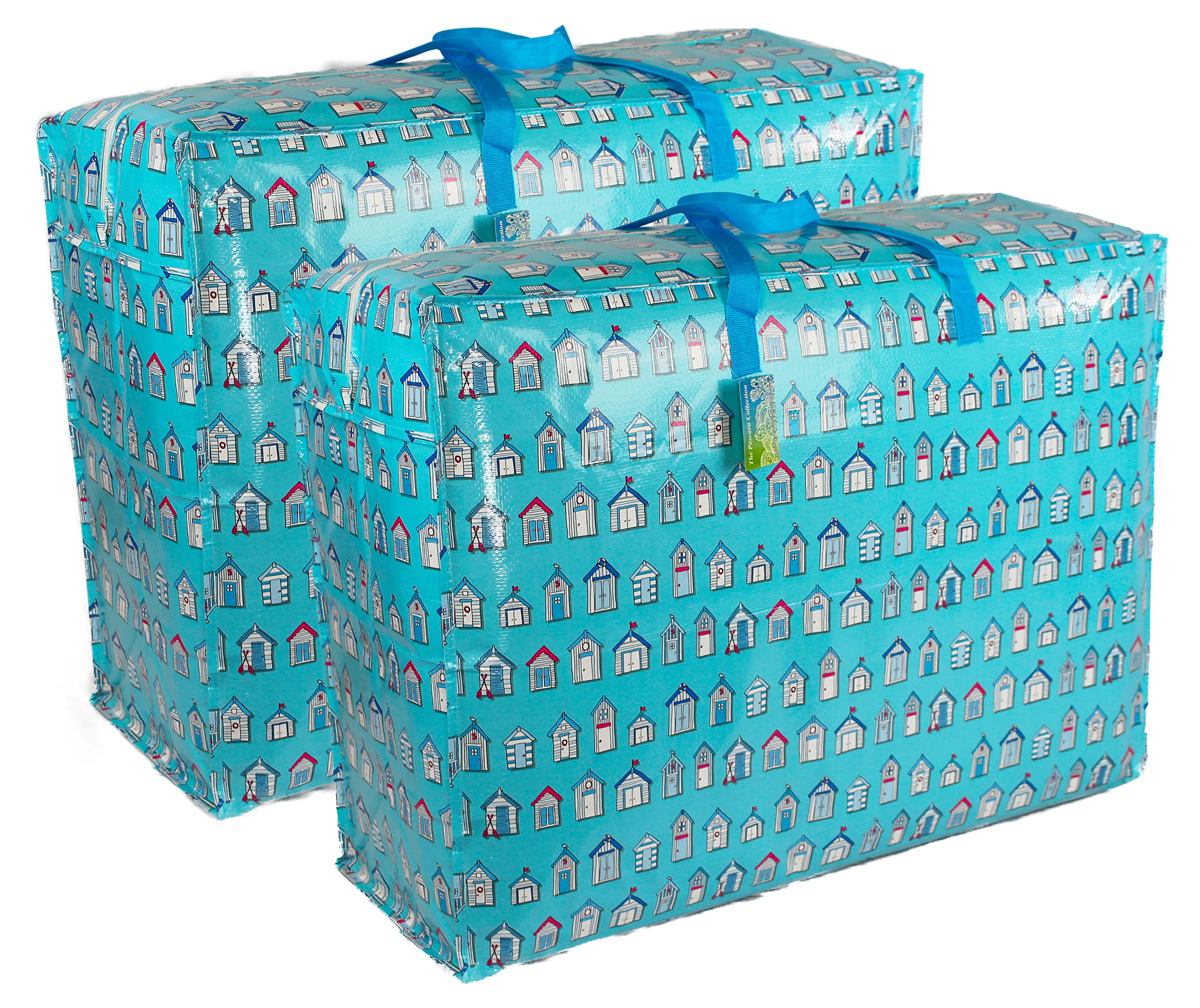 Extra Large Storage Bags Water & Dust Resistant. Double zipped storage bags for toys, laundry, bedding. Underbed Wardrobe Space Saver Blue Beach huts (115 ltr 2x Pack)