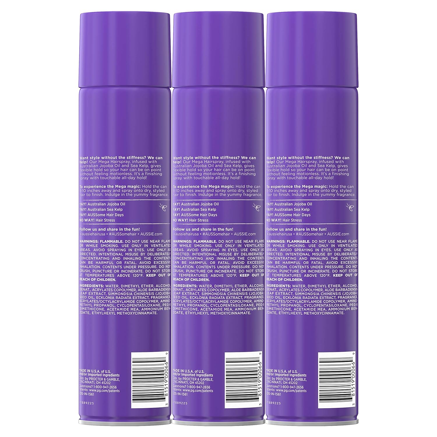 Aussie Mega Hairspray, with Jojoba Oil & Sea Kelp, Flexible Hold, 17 fl oz, Triple Pack : Beauty