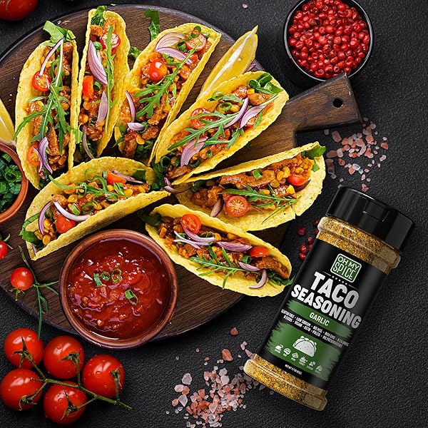TACO SEASONING MIX GARLIC POWDER – GLUTEN FREE & LOW SODIUM MEXICAN SEASONING BLEND FOR TACO TUESDAY NIGHT. GARLIC AND HERB SEASONINGS FOR FAJITA & BURRITO. MEAT, CHICKEN & FISH TACOS TOPPINGS. 4.7OZ