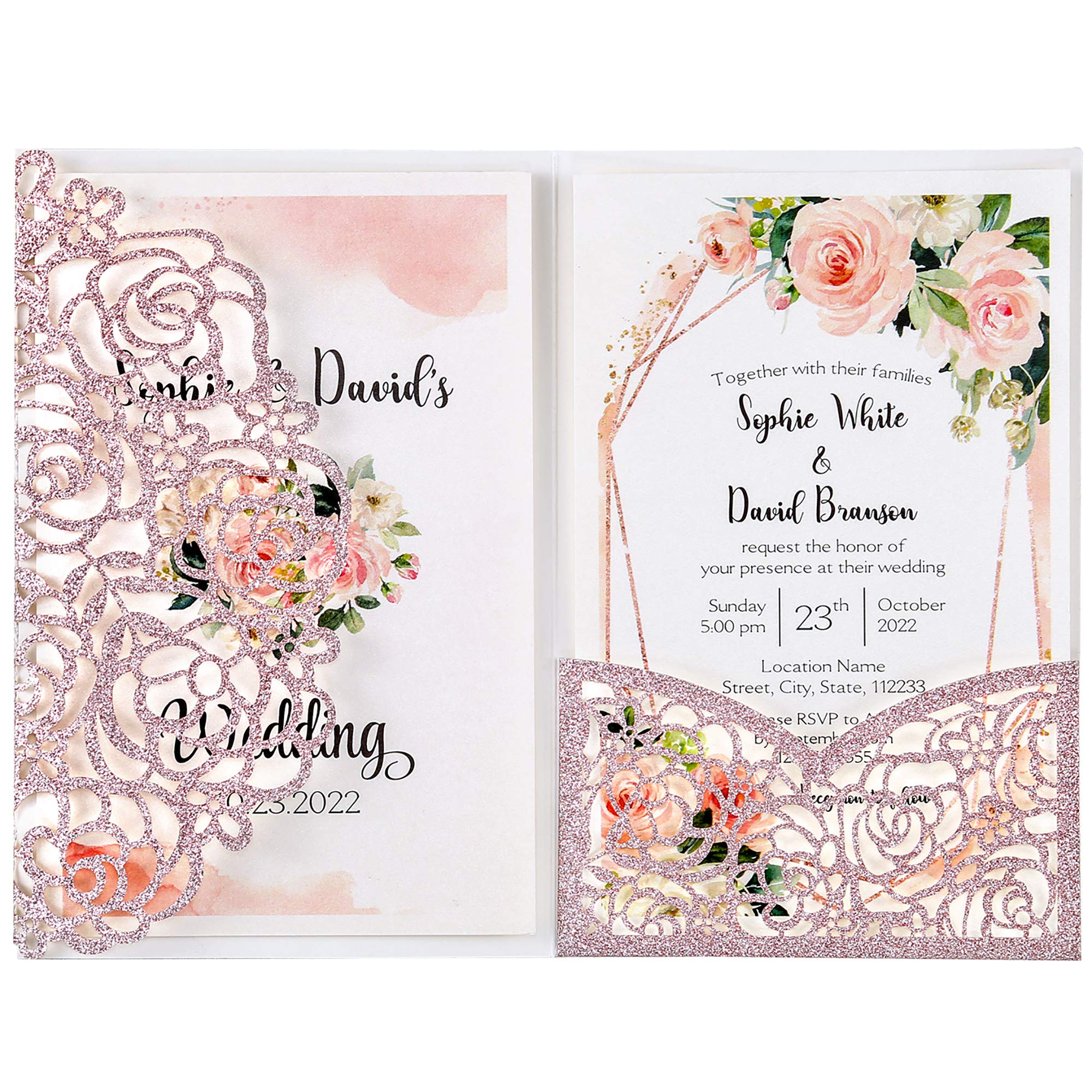 DreamBuilt Laser Cut Rose Wedding Invitations 12 x 18 cm with Pearlescent/Glitter Pockets & Envelopes