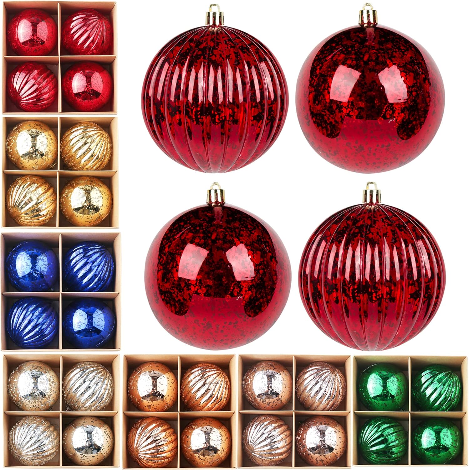 Ornaments - Sunshine 4 Pcs 4” Large Shiny Christmas Ball Ornaments,Giant Hanging Christmas Tree Ornament Decorations for Holiday, Extra Large Shatterproof Retro Mercury Balls Set(4inch, Red)