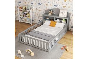 HUMEHA Full Size Montessori Floor Bed with Headboard Bookcase and Storage Shelves, Kids Full Floor Bed Frame with Door and Guardrails for Bedroom, Wooden Playhouse for Boys Girls Teens, Grey