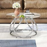 O&amp;K FURNITURE Silver Coffee Table, Modern Glass Coffee Table Living Room Table with Ring-Shaped Frames, Glass Coffee Table for Home&amp;Office, Chrome Finish, 1 PC