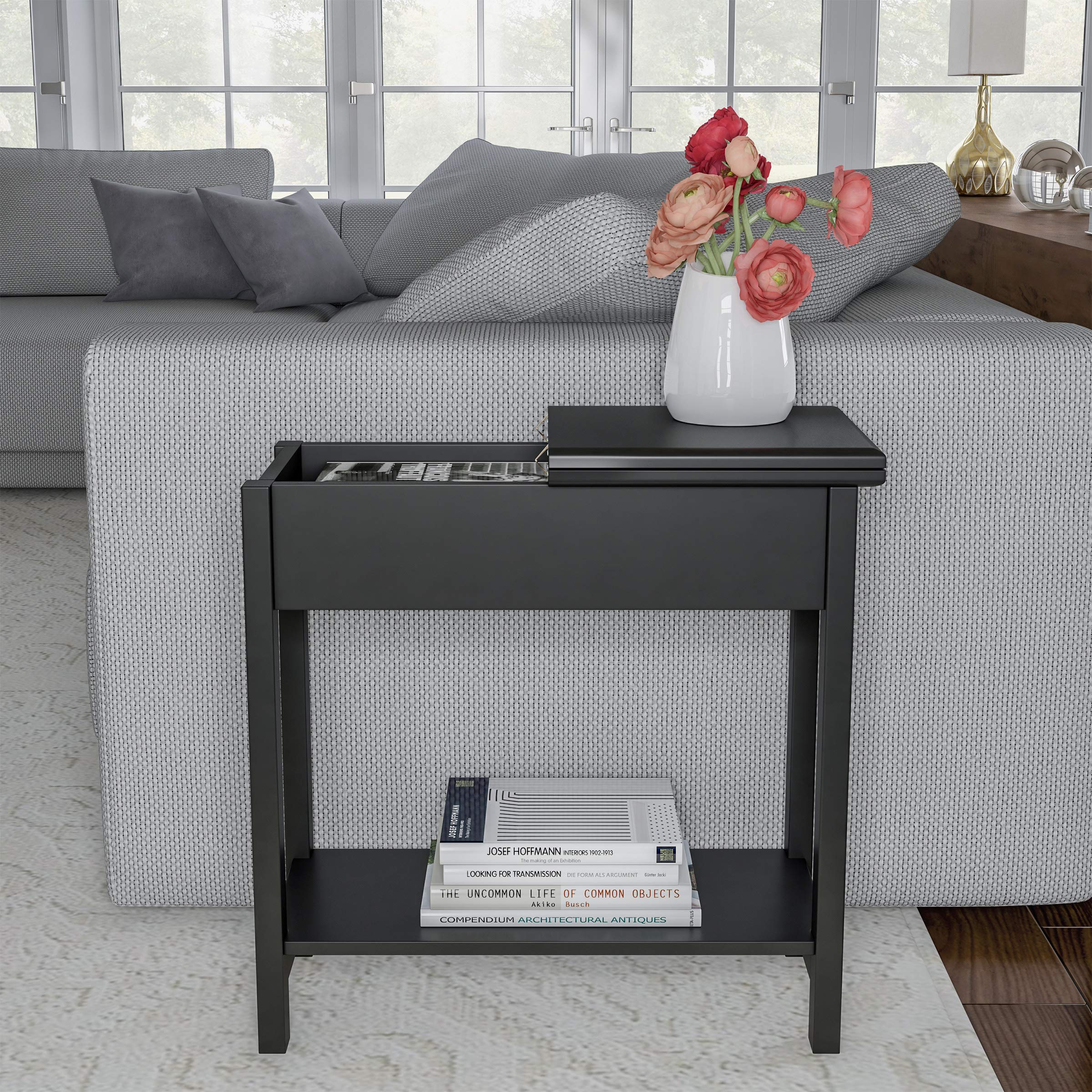 home lavish flip top end table-slim side console with hidden hinged storage compartment and lower shelf- for living room, hallway or entryway