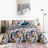 YuHeGuoJi Black Botanical Duvet Cover Queen 100% Cotton 3 Pcs Set 1 Yellow Grey Tropical Leaves Duvet Cover with Zipper Ties 2 Pillowcases Farmhouse Boho White Floral Bedding Set Soft