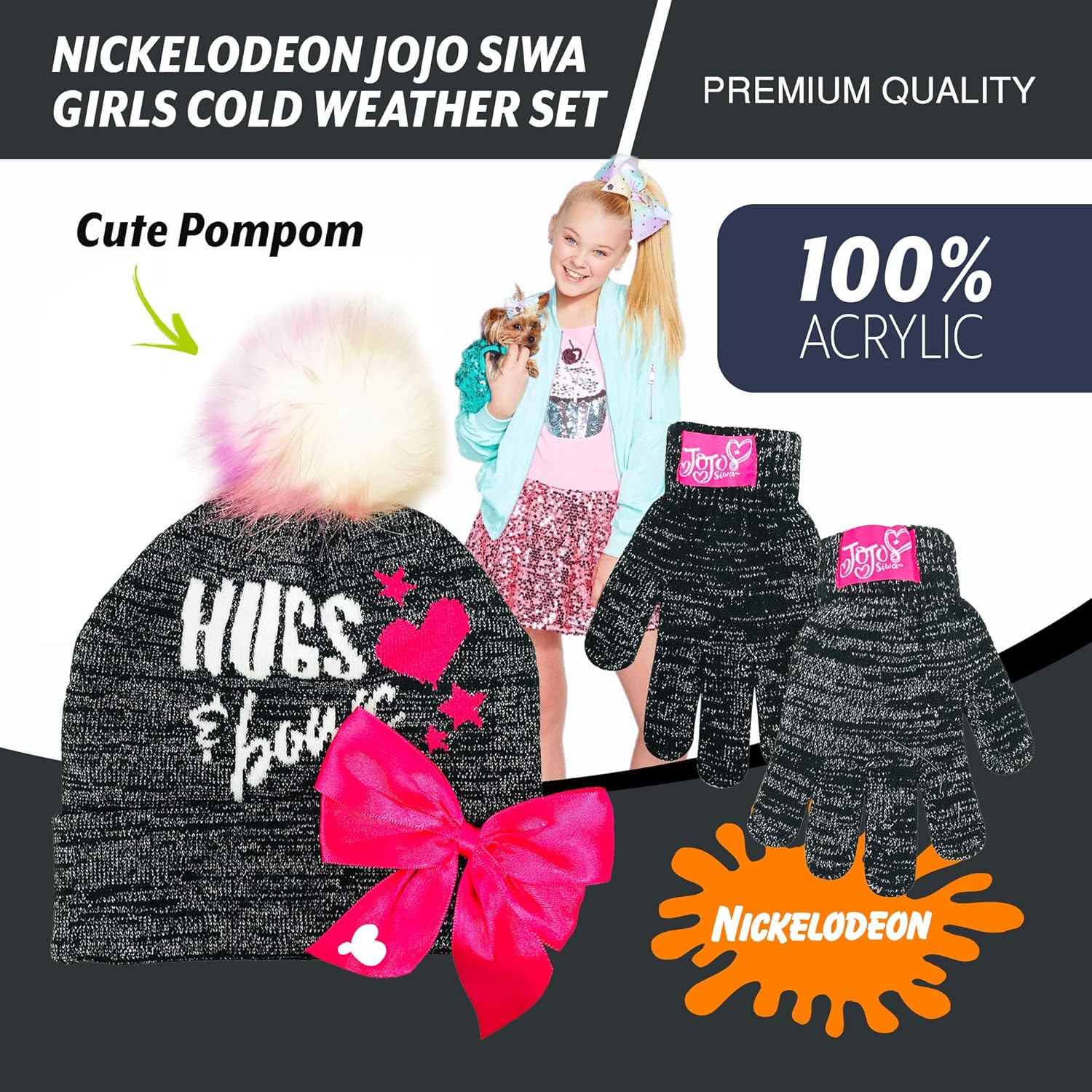 Nickelodeon JoJo Siwa Hugs & Bows Girls Winter Hat and Gloves Cold Weather Set, Age 4-7: Clothing