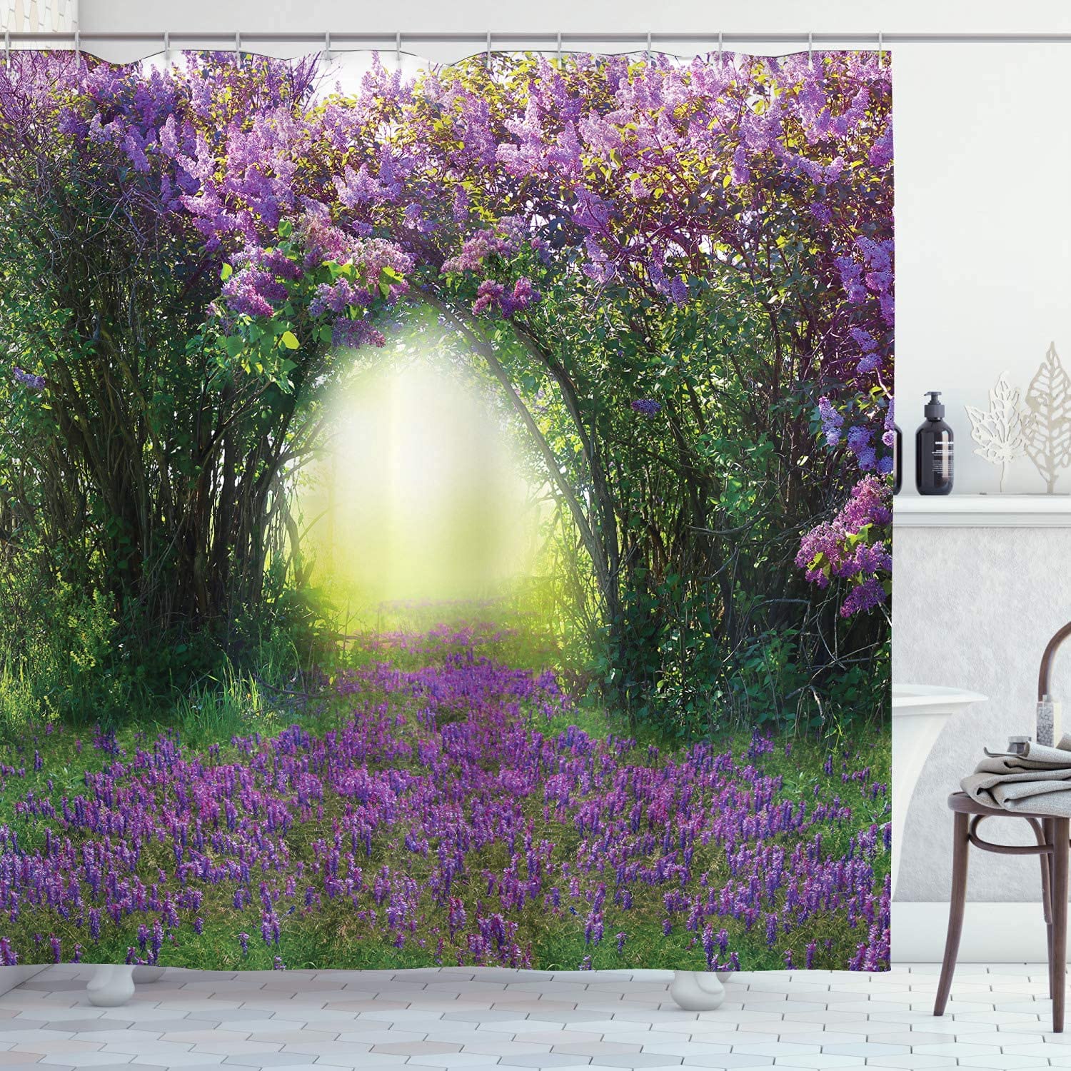 JIANGLANY Lavender Garden 3D Shower Curtain Magic Misty Sun Rays Forest Blossoms Bushes Tall Trees Green Grasses Scenery Bathroom Decoration Curtains with Hook 71X 71 inches Green Purple