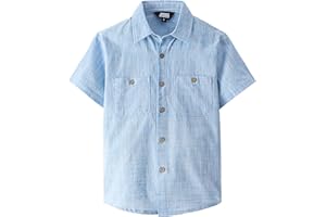 JOGAL Boys Chambray Shirts Short Sleeve Button Down Casual Cotton Woven Shirt with Two Pockets for Kids 6-14 Years