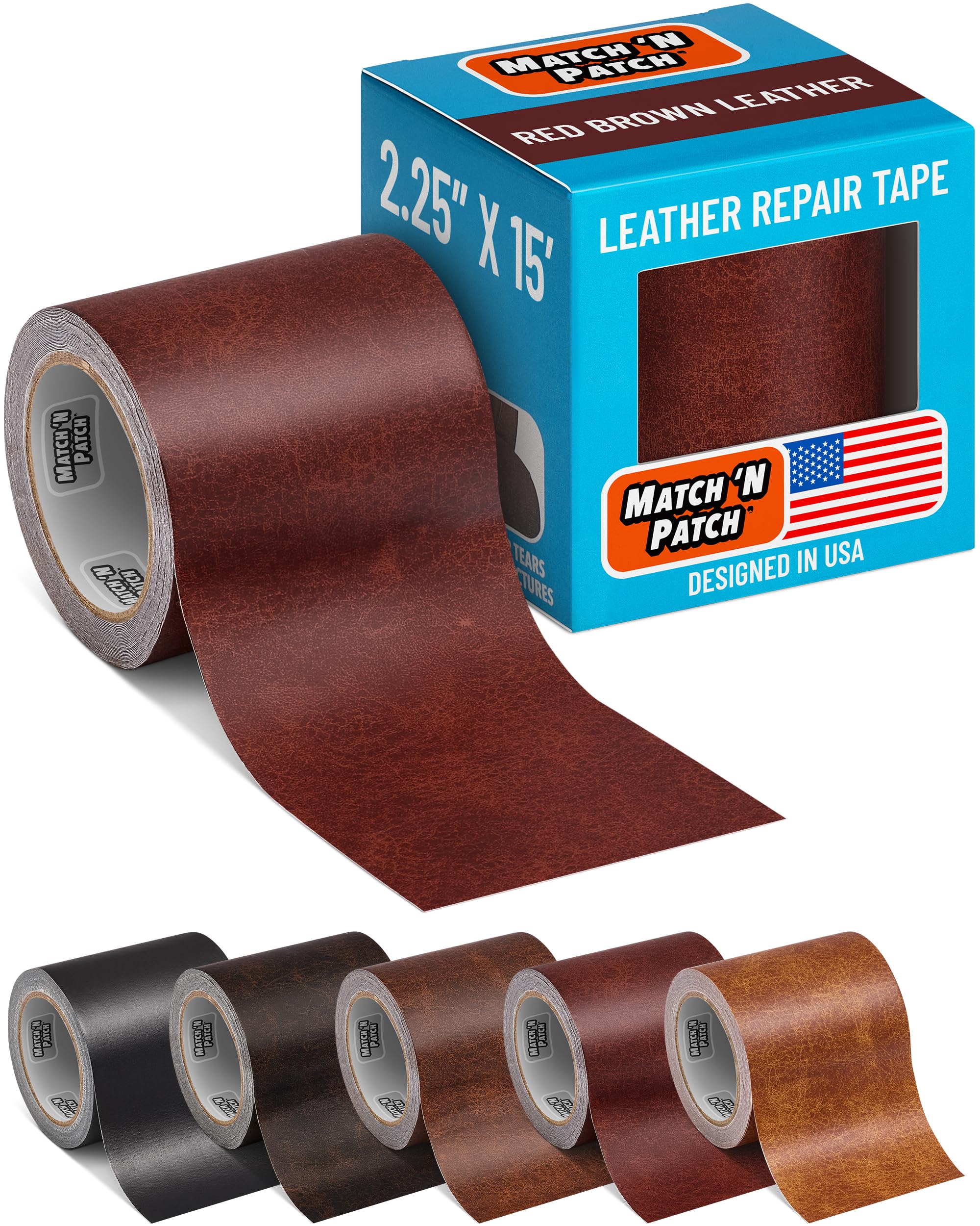 Match 'N Patch Realistic Leather Repair Tape - Adhesive Leather Patch for Sofa, Car Seats & Upholstery, Easy-to-Apply - Red Brown, 5.72 x 457.2 cm