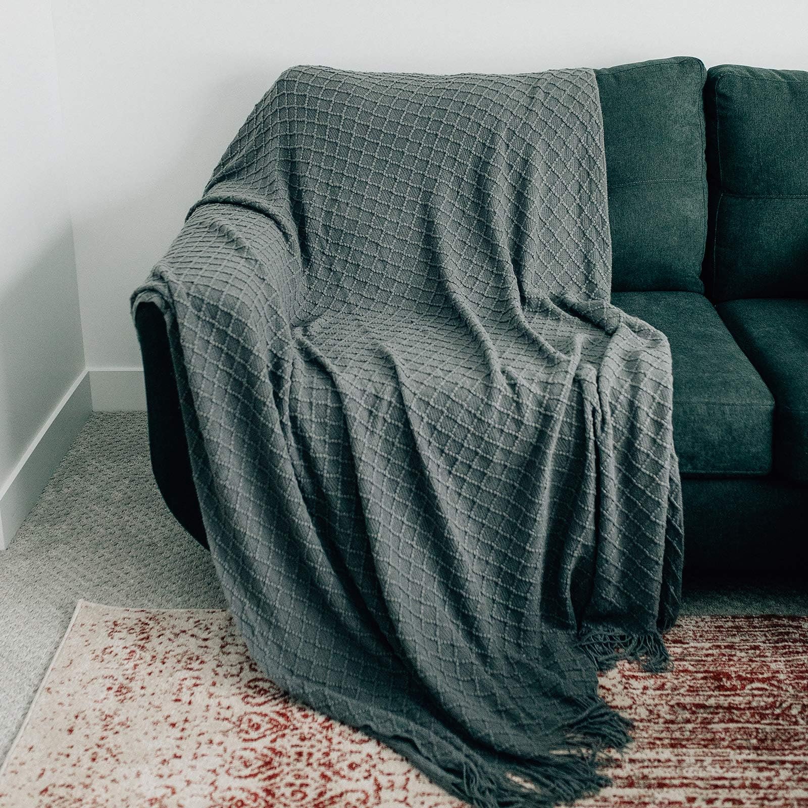 Oversized Throw Blanket Woven Soft for Sofa Couch Decorative Knitted Fringe Blanket Cobijas (Charcoal, Extra Large 60" x 80")