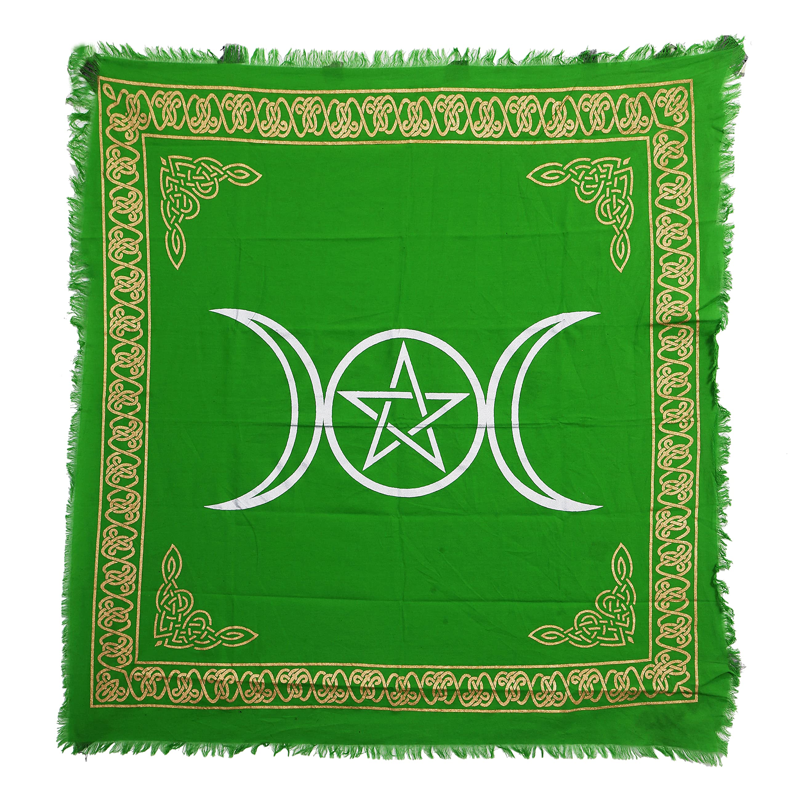Indian Consigners Witch Altar Cloth – Green Cotton Pagan Tablecloth – Triple Moon & Pentagram – Ideal for Tarot, Spellcasting, Witchcraft & Wicca Rituals