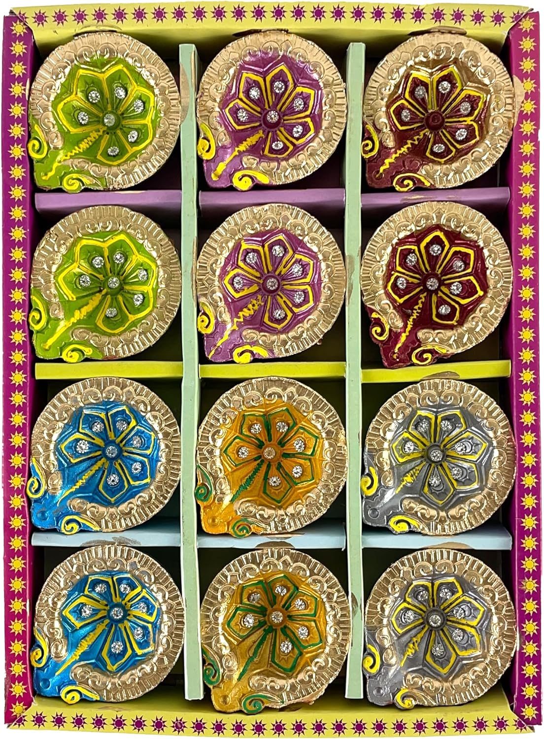 Oil Lamps & Accessories - KSJONE Colourful Diyas Diwali Diya - Earther Clay Diya Colorful Handmade - Diyas Diwali Gift Items for Family Friends Corporate -Diya for Pooja - Diwali Decoration (Design 2(12 Pcs))