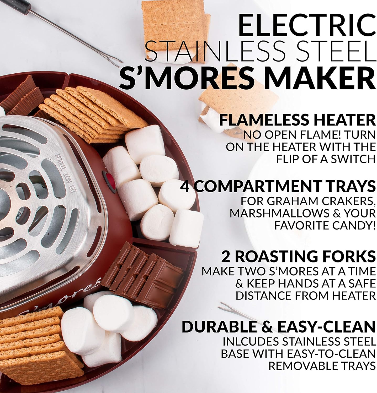 Nostalgia Indoor Electric Stainless Steel S'mores Maker with 4 Compartment Trays for Graham Crackers, Chocolate, Marshmallows and 2 Roasting Forks, Brown: Kitchen & Dining