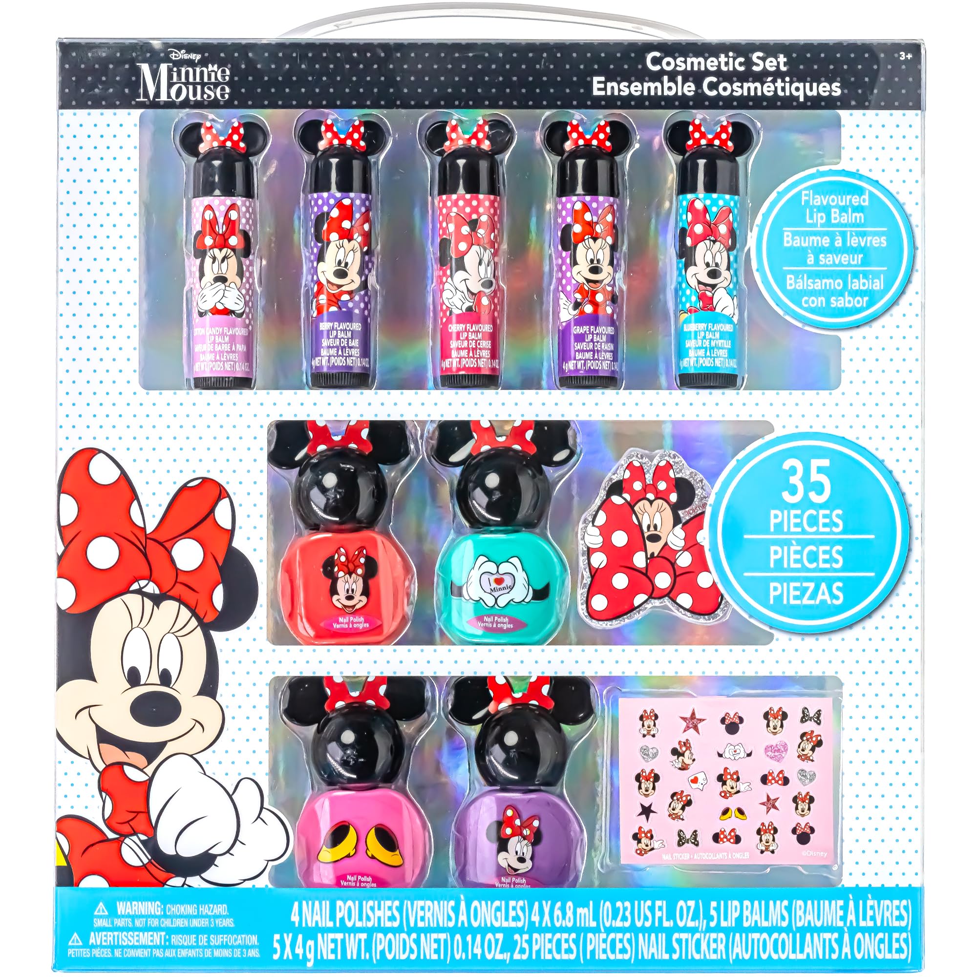 Minnie Mouse Cosmetic Makeup Set for Girls 3+ with Lip Gloss Nail Polish Nail Stickers - 11 Pcs for Parties Sleepovers Makeovers Birthday Gift