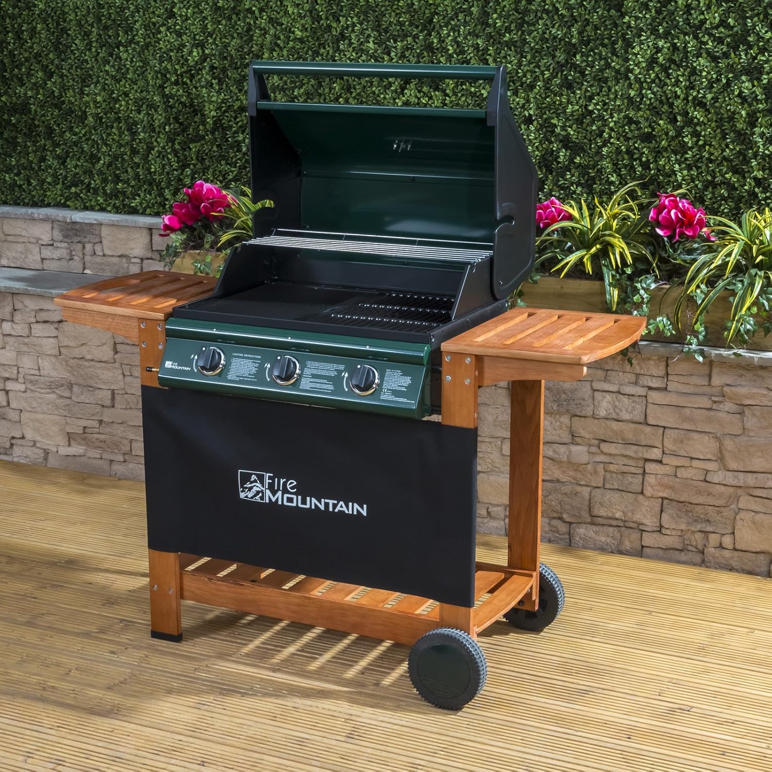 Fire Mountain Elbrus 3 Burner Gas Barbecue Green Steel With Wooden Side Shelves Amazon Co Uk Garden Outdoors