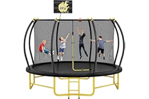 JINS&VICO 10FT 12FT 14FT Round Trampoline with Basketball Hoop for Kids & Adults, Outdoor Recreational Trampoline with Ladder and Safety Enclosure Net for Courtyard Amusement Park