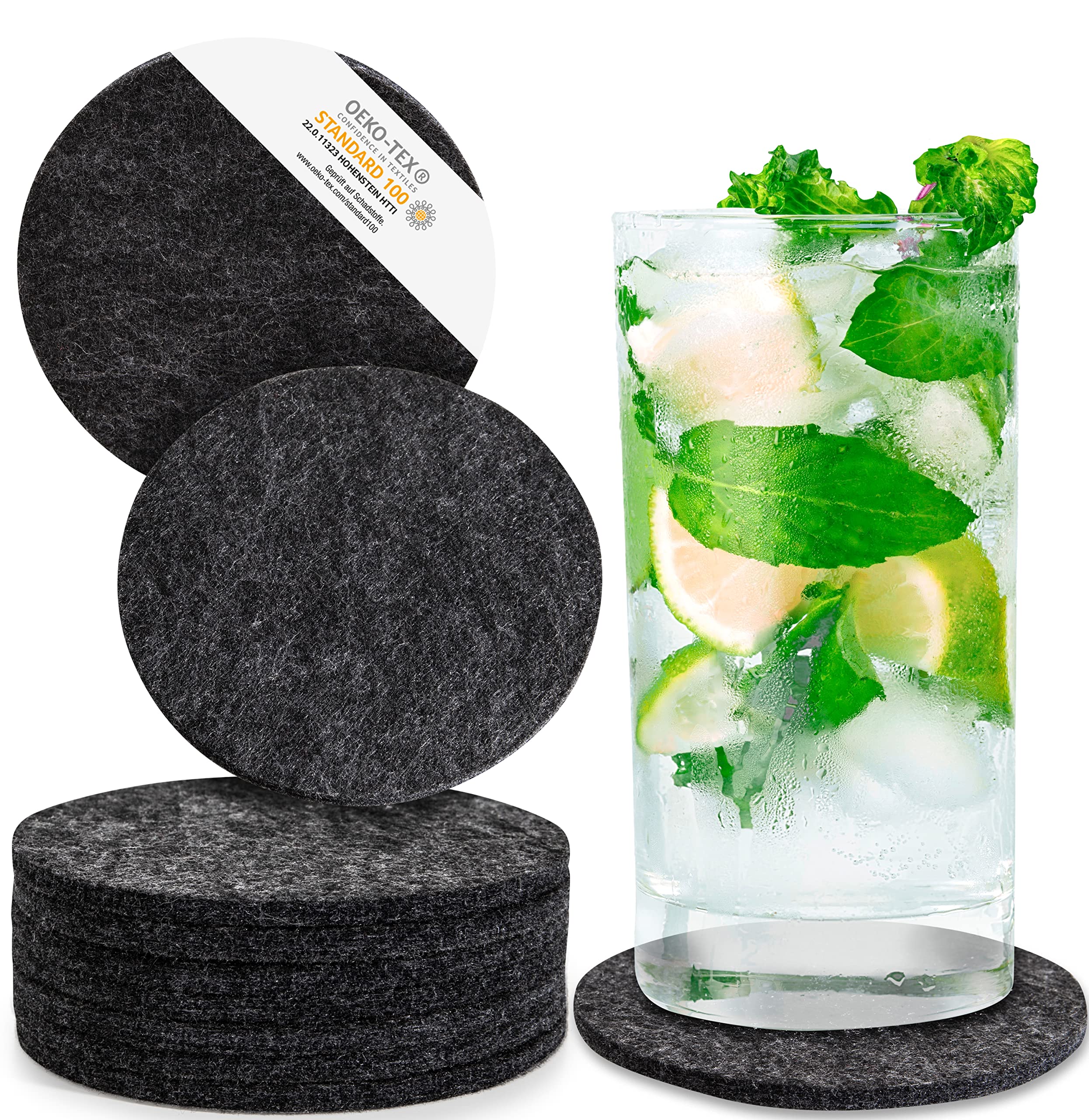 Miqio® Design Glass Coaster - Felt and Leather - Coasters Set of 10 for Drinks with Genuine Leather Appliqué - Easily Washable and Sound Absorbing Cup Mats