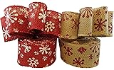 3Cats Designs Christmas Holiday Burlap Ribbon with Wired Edge - Decorate Wreaths, Gift Wrap, Christmas Tree, Bows, DIY Craft Projects - 2 Rolls, Each 2.5 Wide x 10 Yards Long