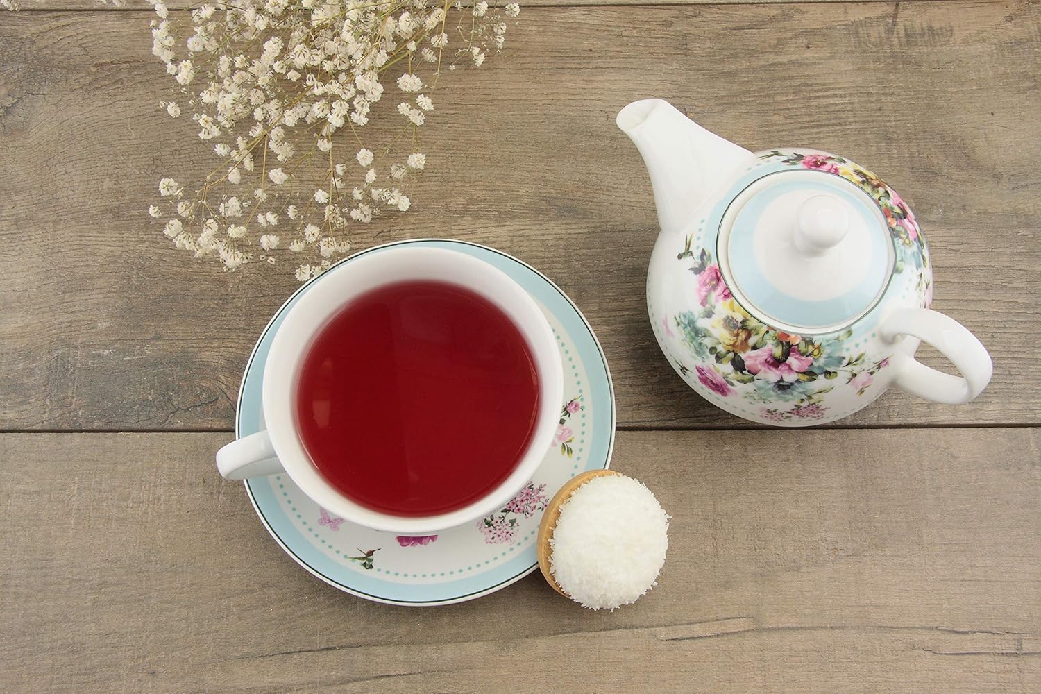 EHC Vintage Floral New Bone China Tea for One Teapot Cup saucer Set, Gift Boxed Dishwasher and