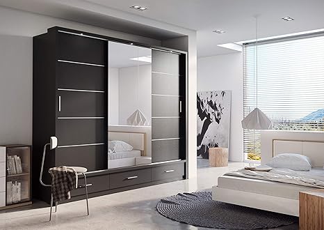 Schwebeturenschrank Kleiderschrank Schiebeturenschrank Ar 01 Arti Garderobenschrank Mit Spiegel 3 Schubladen Und Beleuchtung Schwarz Matt Amazon De Kuche Haushalt