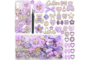BELICEY Junk Case Charms Kit Purple Bow Flower Butterfly Charms for Junk Cases Resin Bear Heart Rose Cell Phone Case Charm 3D