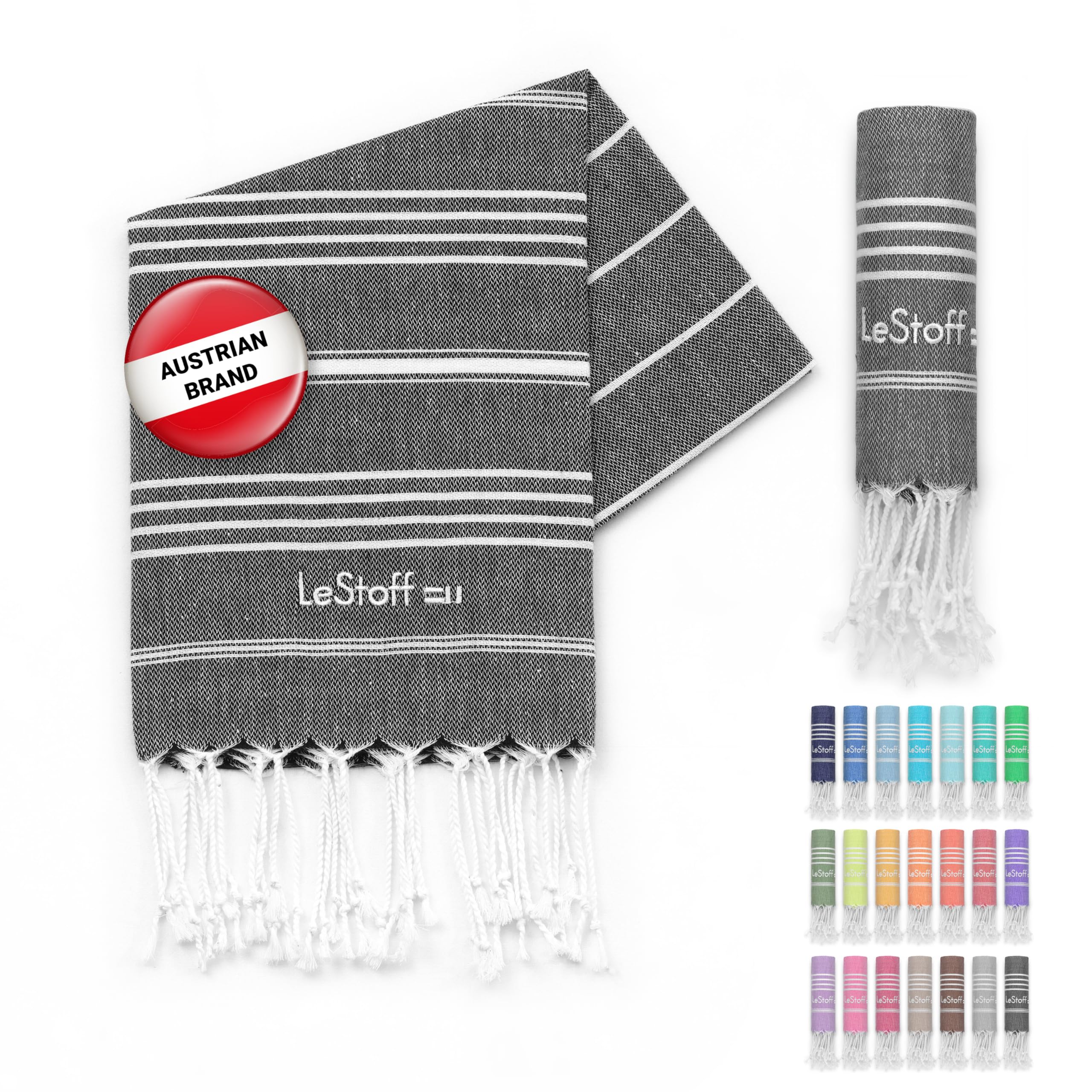 LeStoff Premium Hammam Towel - 100% Organic Cotton - Pre-washed Sustainable Absorbent & Quick-drying - Beach, Bath, Shower, Yoga, Spa & Travel Towel (50 x 100 cm, Anthracite)