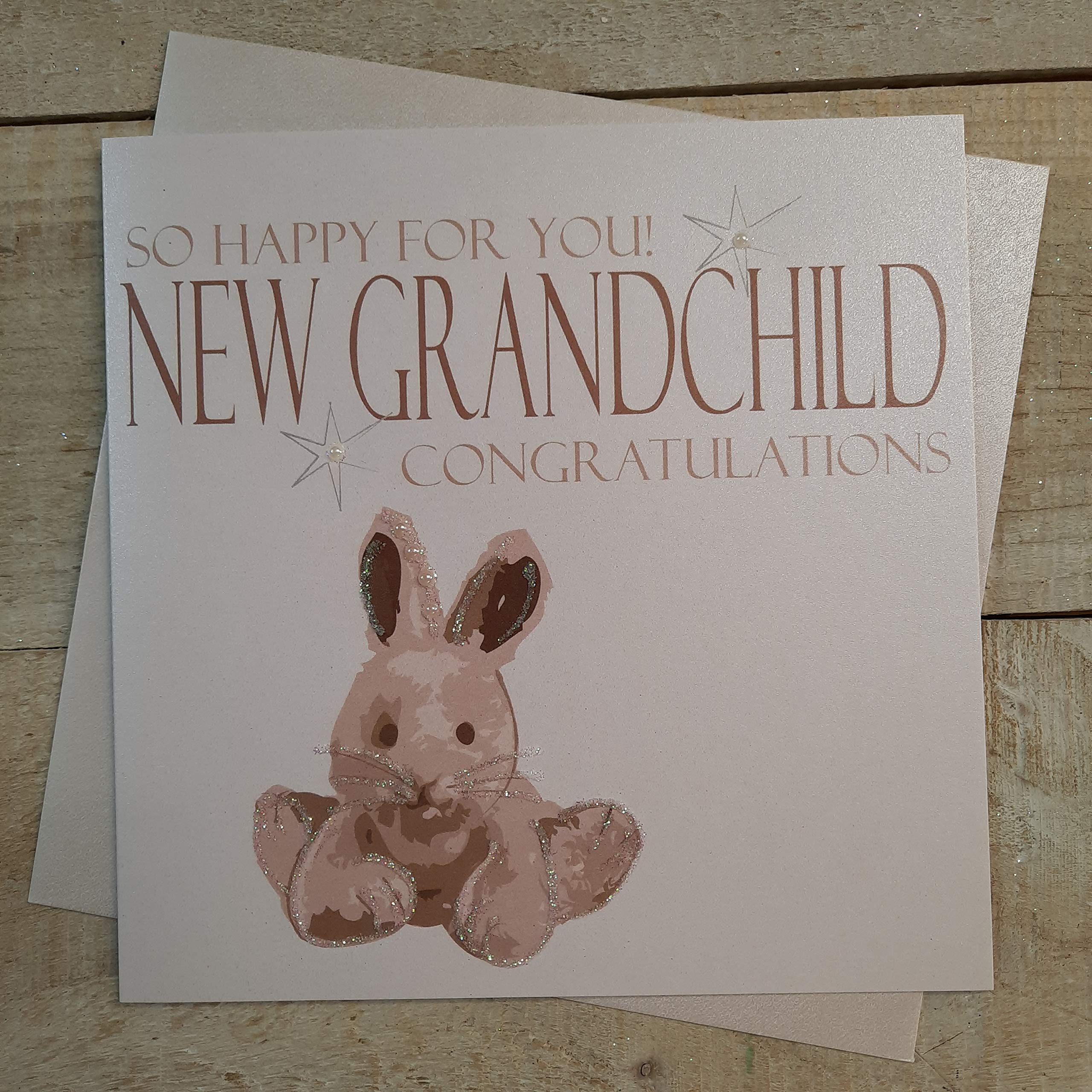 WHITE COTTON CARDS So Happy for You New Grandchild Congratulations, Handmade Baby Card (Silver Bunny, Code N210)