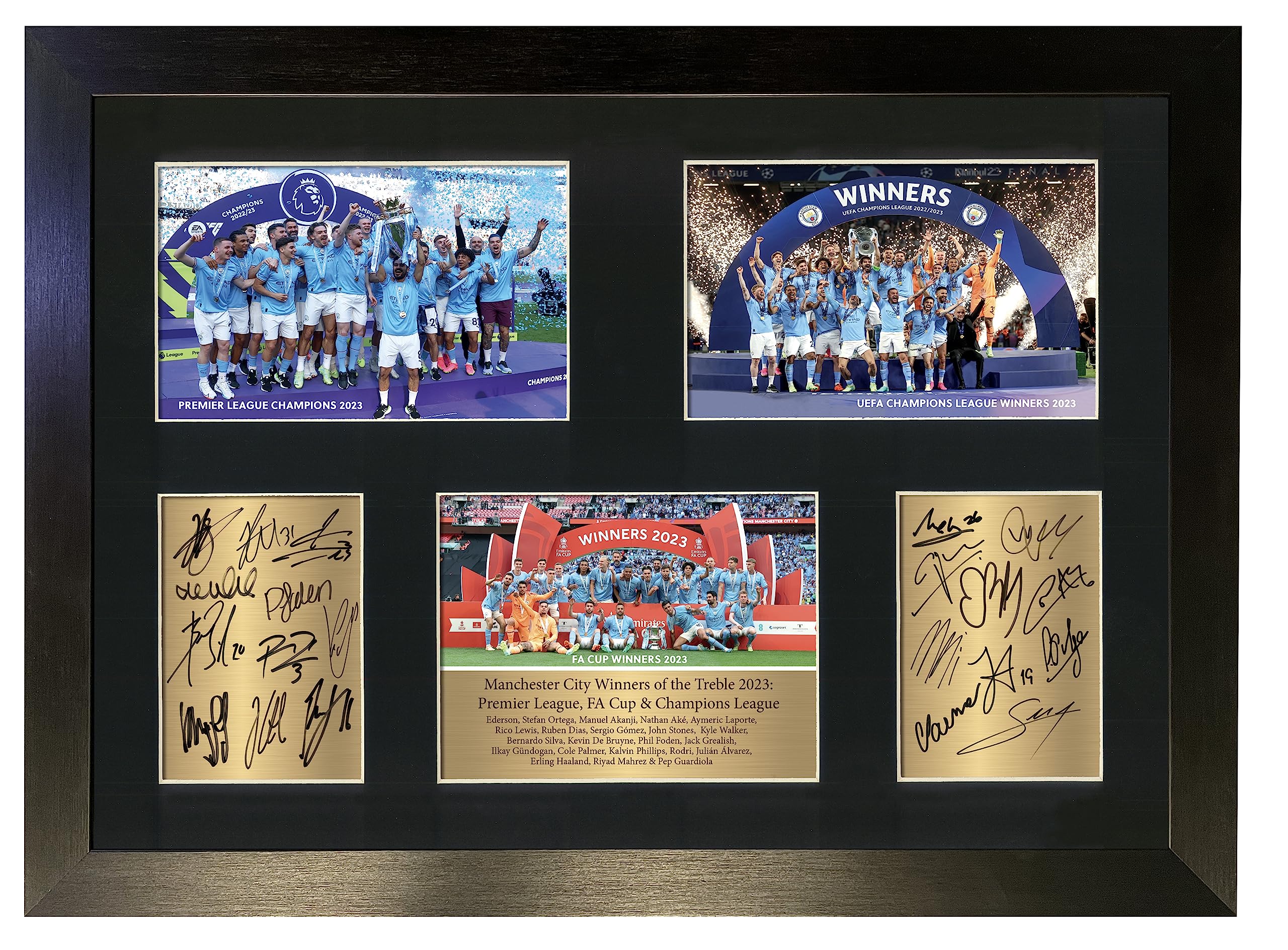 Treble Winners 2023 Manchester City Autograph Man City/Premier League, FA Cup & Champions League Poster Print Display Signed A3 (Frame Size 460 x 340mm) #136