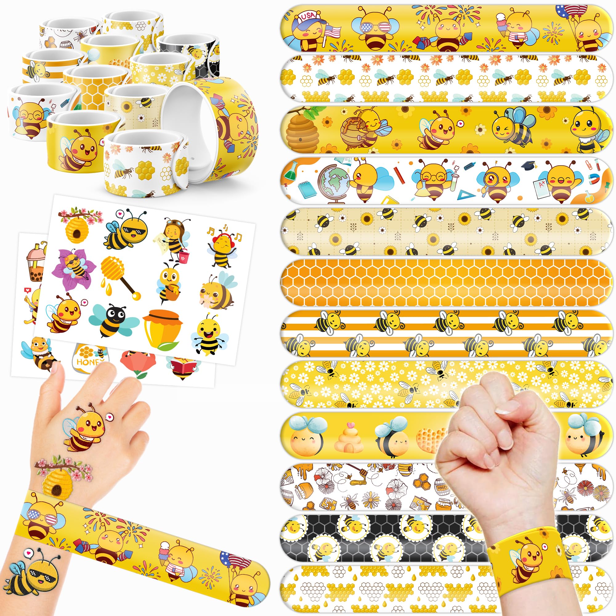 72PCS Bee Party Favors - 48PCS Pre-cut Tattoos & 24PCS Slap Bracelets - Honey Bee Birthday Supplies, Baby Shower Decorations, Classroom Prizes, Gifts for Girls & Kids
